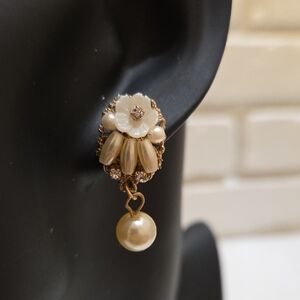 Gold and Cream Floral Pearl Drop Earrings